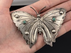 BIG Vtg Sterling Silver Butterfly Brooch Mexico Turquoise Stones 3.25″ Insect