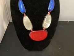 Vintage Red White Blue Adjustable Lucite Bib Necklace Bracelet Earrings MCM MOD