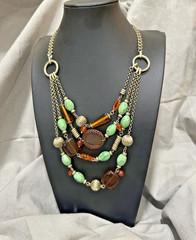 Liz Claiborne Multi Strand Statement Necklace Orange Green Light Gold Tone 18″