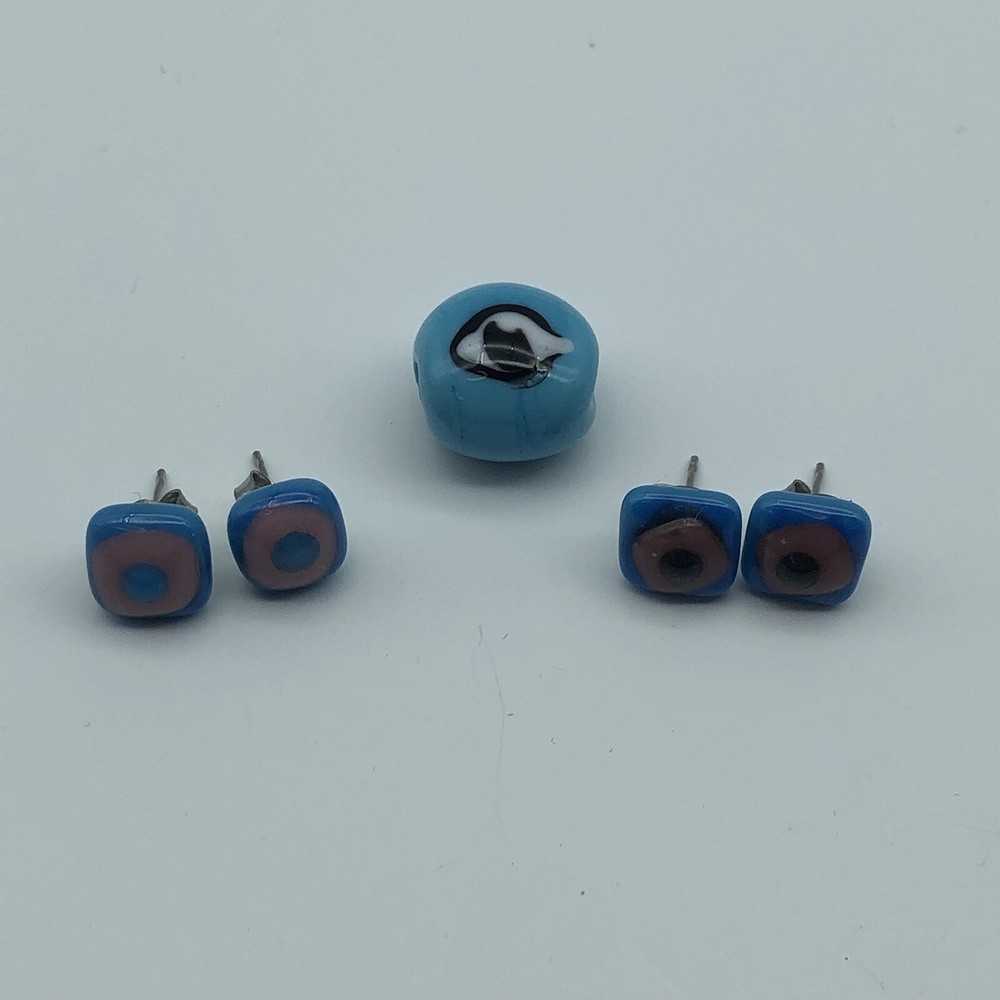 Vintage Liz Tacket glass artisan earrings and pendant evil eye