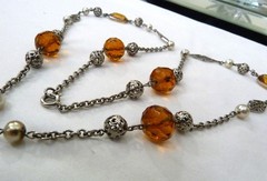 ANTIQUE VINTAGE ART DECO CZECH BEZEL-SET CITRINE GLASS FAUX PEARL BEADS NECKLACE