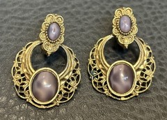 1928 Vintage 80s 90s DOOR KNOCKER Purple Marbled Cabochons Filigree EARRINGS
