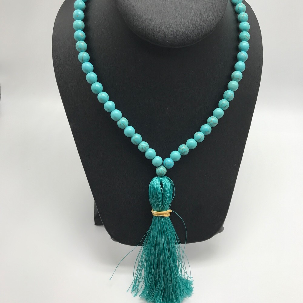 Blue Beaded Howlite Long Strand Chunky Tassel Ladies Statement Necklace 40″