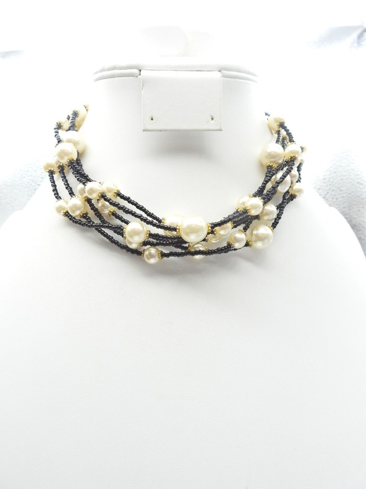 Off White Faux Pearl Black Beaded Multi Strand Necklace Vintage