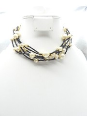 Off White Faux Pearl Black Beaded Multi Strand Necklace Vintage