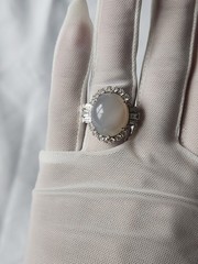 VINTAGE Sterling Silver 935 RING Cocktail- Oval Cabochon (Chacedony?) SZ 6.5