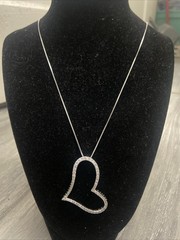 New X-Large 925 Sterling Silver Slanted Heart CZ Charm Necklace Box Chain 18”