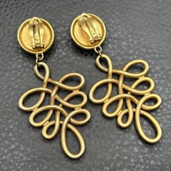 Vintage Huge 80s Runway Dangle Gold Tone Black Filigree Loop Drop Clip Earrings