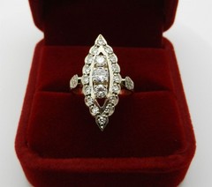Vintage Solid 14k 585 Rose & White Gold Cluster Diamonds Navette Ring size 5.5