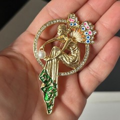 Art Nouveau Nymph Fairy Lady Brooch Pin Gold Tone Faux Pearl Rhinestones