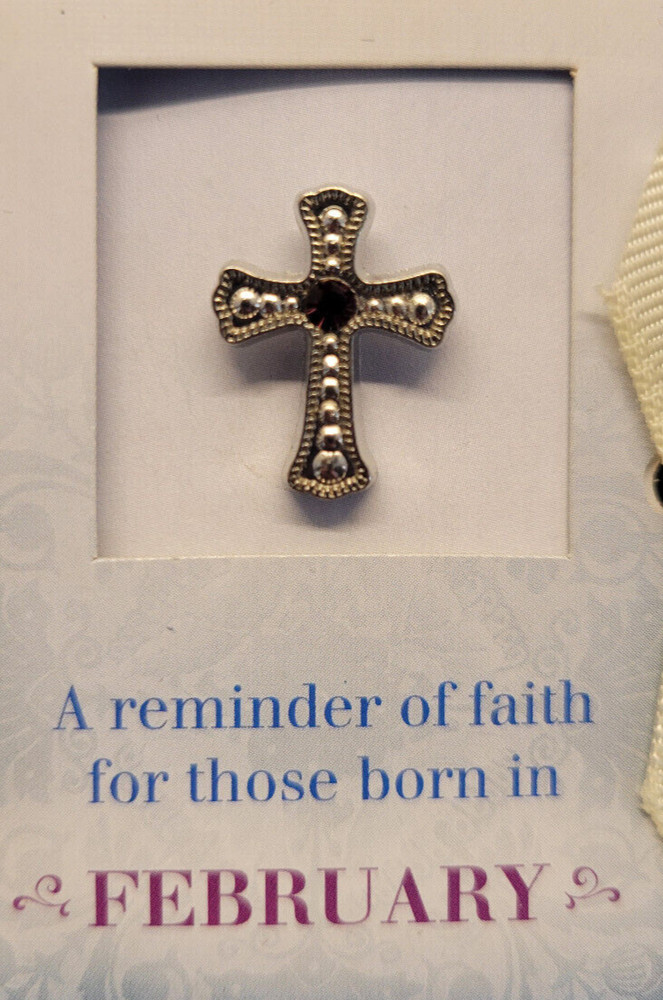 Brooch Pin Pewter Birthstone Cross for February Amethyst .5 Inches 054