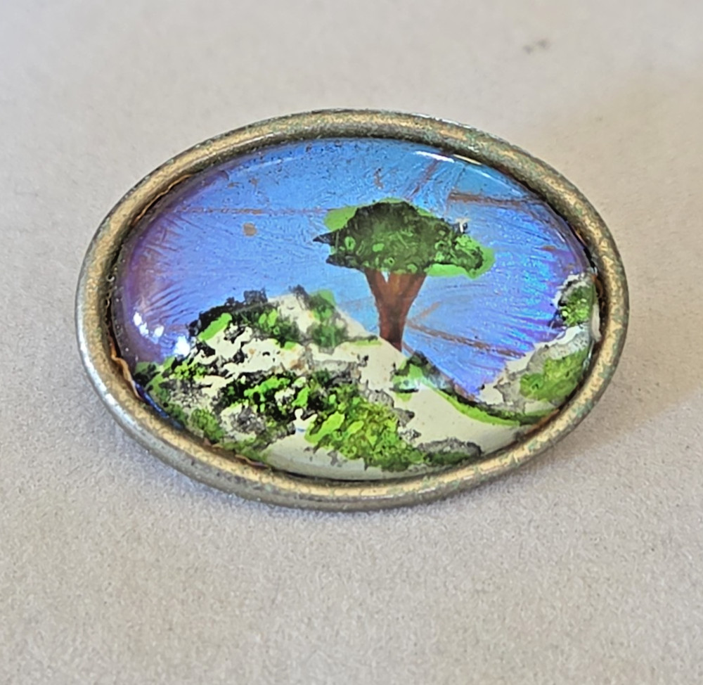 Art Deco Blue Butterfly Wing Brooch Hand Painted Tree Blue Morpho Silver Tone
