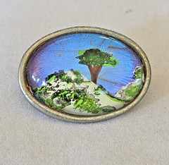 Art Deco Blue Butterfly Wing Brooch Hand Painted Tree Blue Morpho Silver Tone