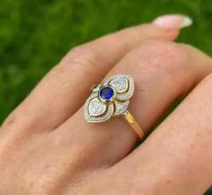 Art Deco Vintage Round Sapphire Lab Created Diamond 14K Gold FN Engagement Ring