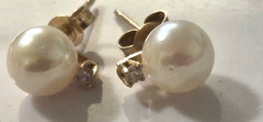 Vintage 14K Yellow Gold Akoya Cultured Pearl Diamond Stud Earrings Fine Estate