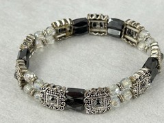 Silver Tone Stretch Bracelet Hematite Faceted Clear Crystal Bead Sparkle
