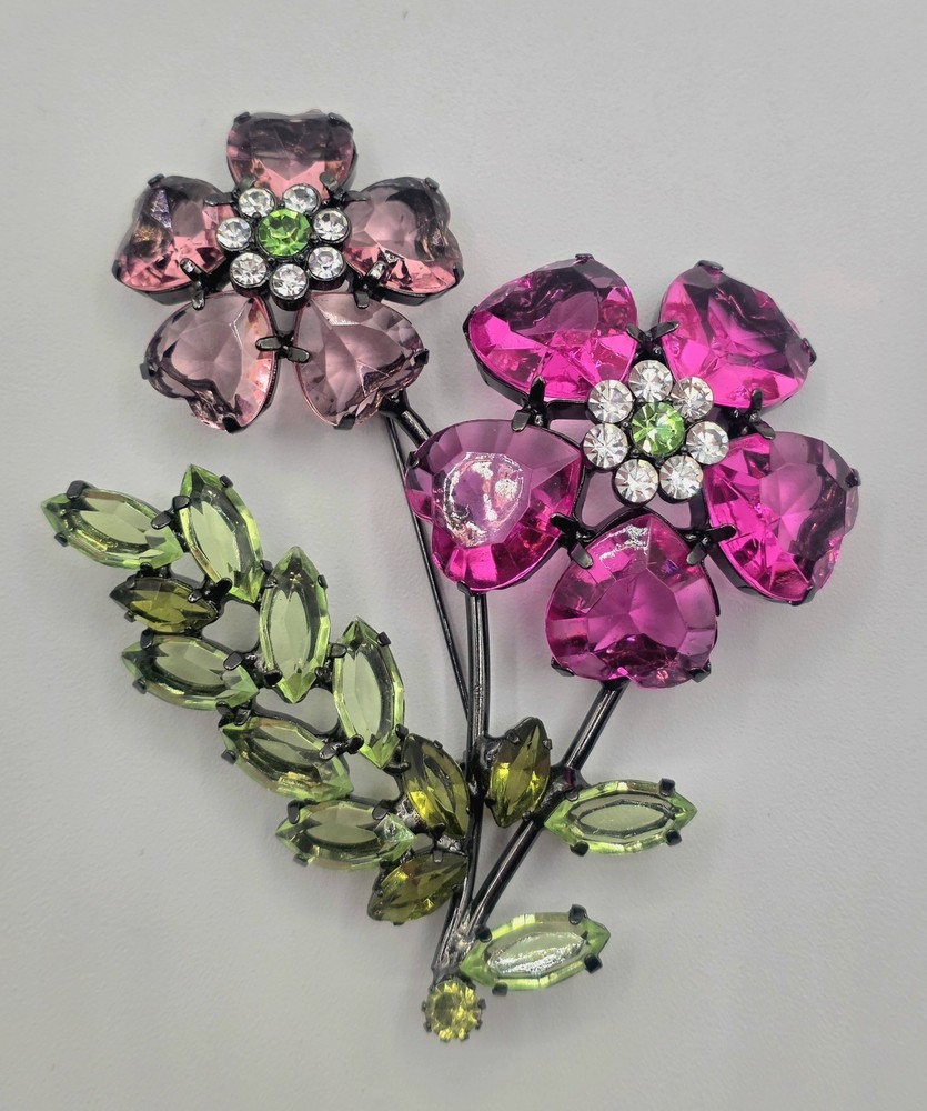 Double Flower Pink And Green Lucite Brooch, Black (Japaned) Colored Metal