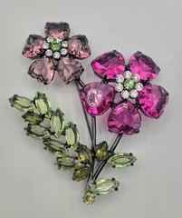 Double Flower Pink And Green Lucite Brooch, Black (Japaned) Colored Metal