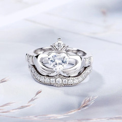 1.50Ct Heart Cut Moissanite Crown Claddagh Engagement Ring 14K White Gold Plated