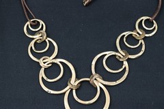 Long Gold Tone Circle Link Necklace Hammered Rings Brown Cord
