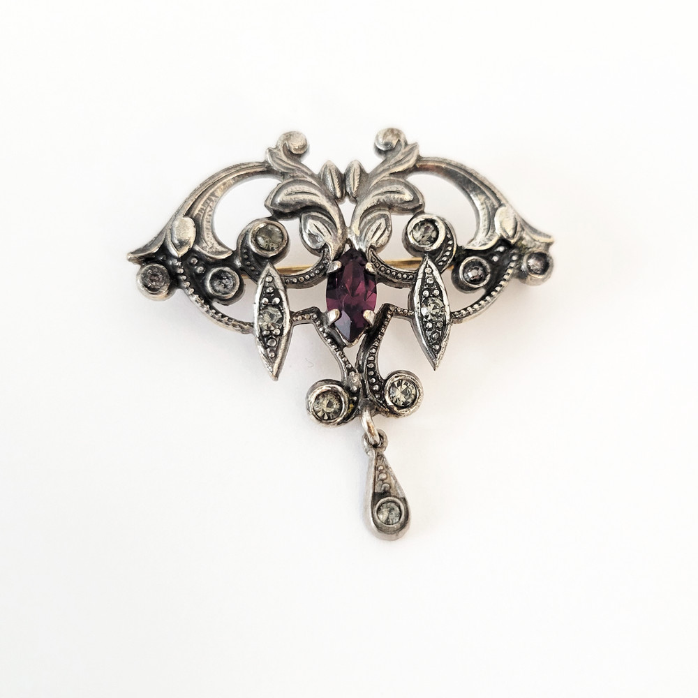 Antique Art Nouveau Silvertone Brooch Pin Purple Rhinestone Trombone Clasp 1900s