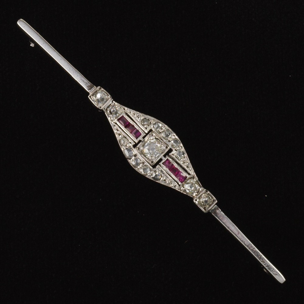Estate 14k White Gold Art Deco Era Diamond and Ruby Bar Brooch Pin GAL Appraisal