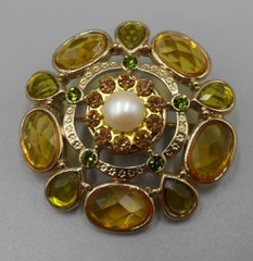 Victorian Revival Cabochon Brooch Rhinestone Faux Pearl Oval Pear Faceted Glass