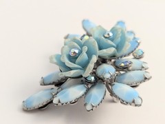 Vtg Sky Blue Glass Rhinestone AB Rose flower Lucite 3D Brooch Riveted