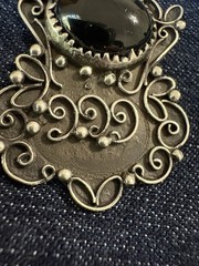 Black Onyx Cabochon Pendant Vintage Sterling Silver 925 Estate Southwestern Oval