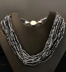 Black Czech Glass 12 Strand 1950’s Necklace Statement Push In Clasp VTG 15″