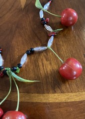 Vintg Cherry Dangle Necklace Red Lucite Early Plastic FruitSalad MCM 28” Kitschy