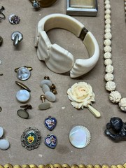 Nice Lot of Antique Jewelry – Glass Beads, Rhinestones, Hand Carved