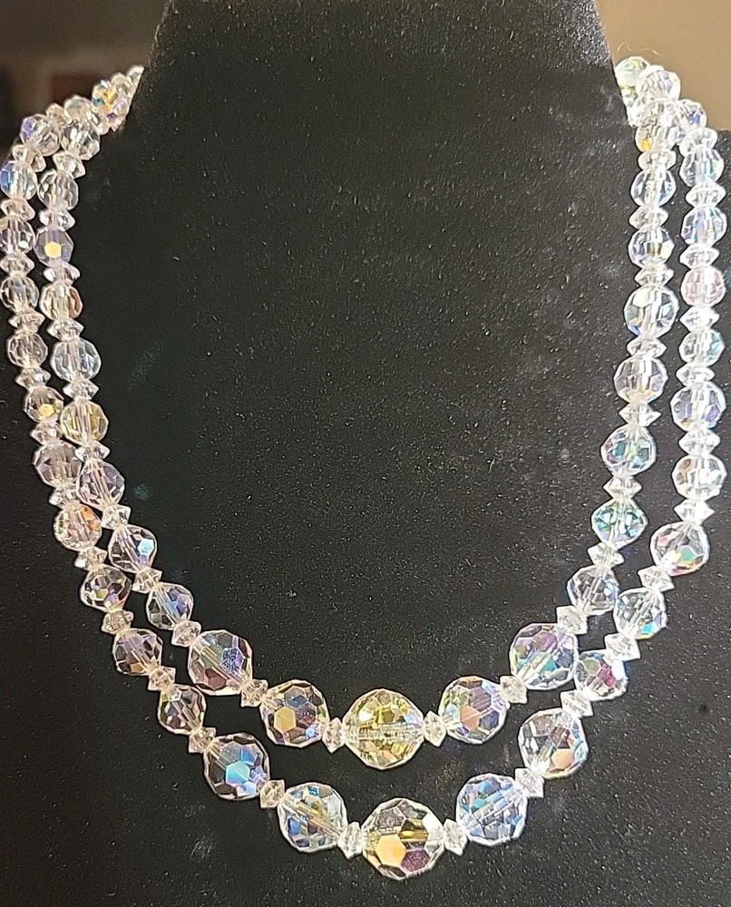 Vintage Faceted Clear AB Crystal Beaded Double Strand Necklace Rhinestone Clasp