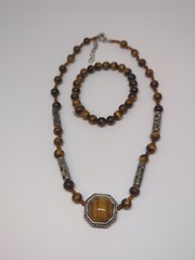 Tigers Eye Pendant Necklace 18″ Silver Tone Octagon Brown Gemston & Bracelet Set