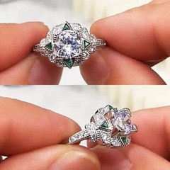 Art Deco Round Lab Created Diamond & Emerald Wedding 14K White Gold Finish Ring