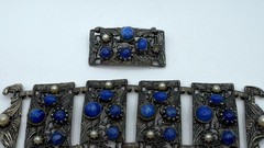 Silver Blue Stone Bracelet Lapis Pearl Vtg Ornate Brutalist Panel Mixed Metals