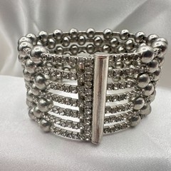 Vintage 90s Silver Tone Multi Row Bead Clear Glass Wide Cuff Statement Bracelet
