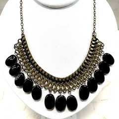 Antique Brass Link Mesh Bib Necklace Chunky Black Dangle Bead Statement Collar