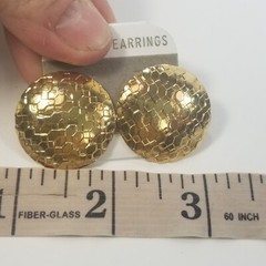 Gold Tone Dome Round Vintage Hexagon Textured Pierced 80s 90s