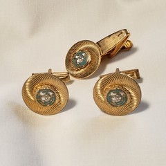 UN Blue &White Enamel Medallion Vtg Commemorative Cufflinks & Tie Bar Gold Tone
