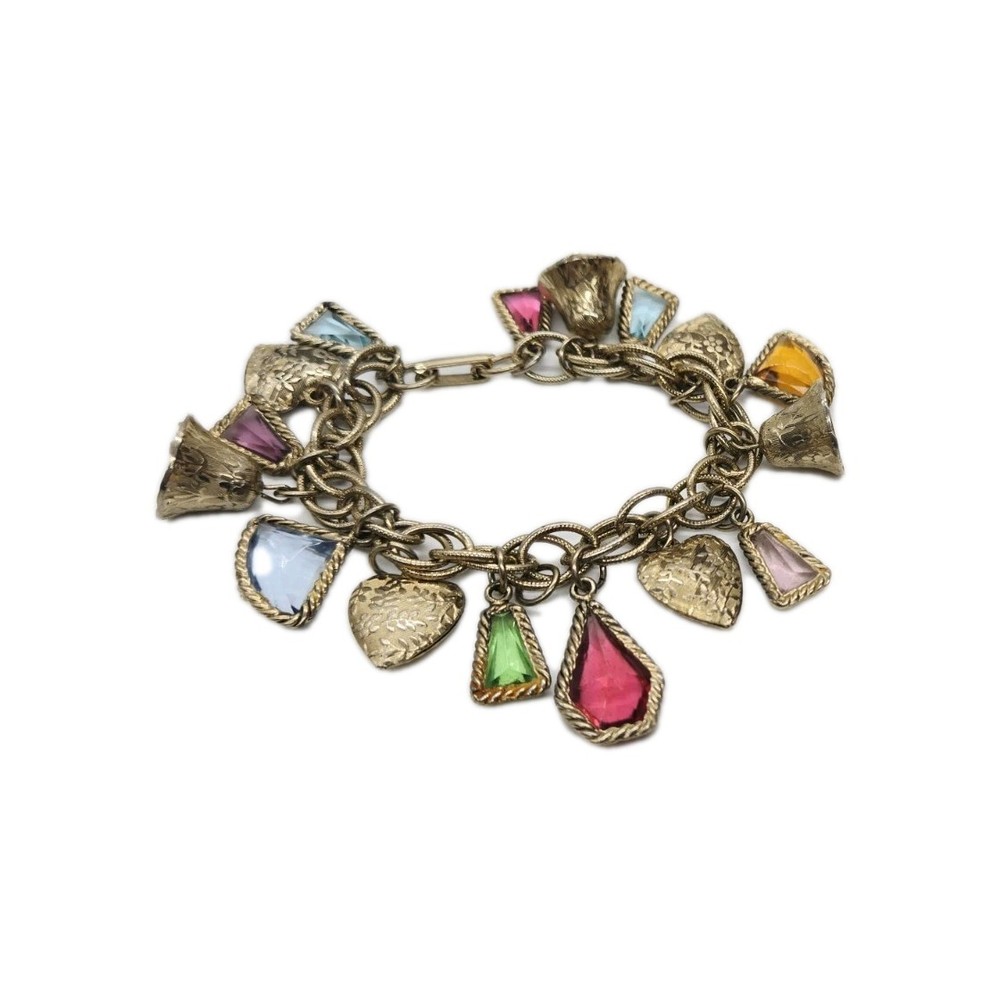 Puffy Hearts Charm Bracelet Toggle Bell Charms Multicolored Rhinestone 6.5 in