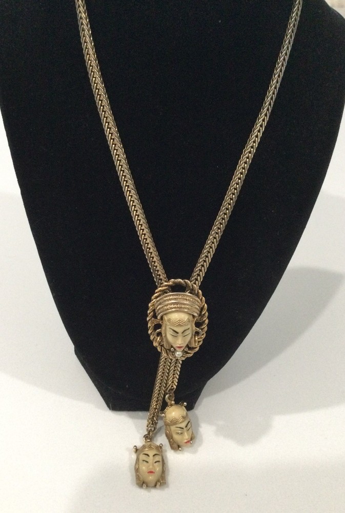Vintage 1950s Selro Selini Princess Face Slide Bolo Necklace Gold Tone Statement