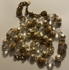 Vtg Miriam Haskell Signed Faux Pearl Lucite Ornate Russian Gold Beaded Necklace
