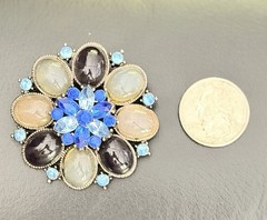 2” Eye catching Flower Style Blue & Gray Cabochon & Rhinestones Brooch/Pendant