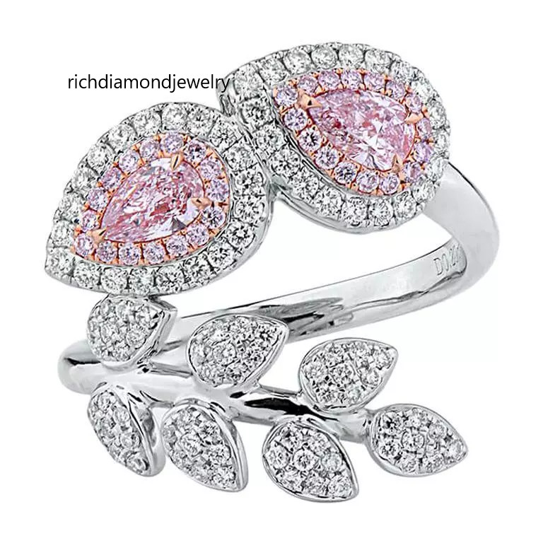 1.66TCW Fancy Pink & Vivid White Cubic Zirconia Pretty Leaf Design Wedding Band