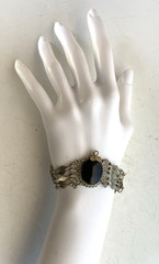 Vintage Boho Silver Alloy & Onyx Artisan Hand Created Bracelet, 6-3/4″ Long