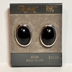 TRIFARI earrings black acrylic cabochon silvertone metal oval vintage NOS pierce