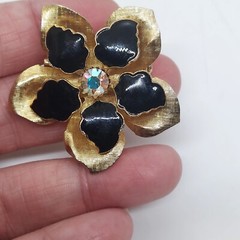 Vintage Gold Tone Black Enamel Flower Brooch With Aurora Borealis Rhinestone