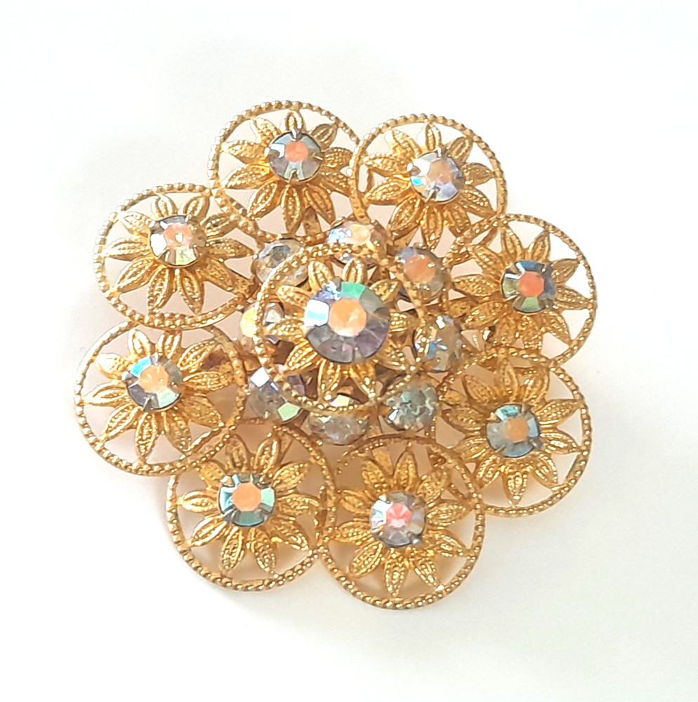 Vintage “Jems by JMS” Jewelry 12K Gold-Filled Aurora Borealis 1.5″ Brooch Pin