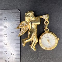 Vintage Revlon 1.5” Cherub Angel Watch Brooch Pin Gold Tone New Battery